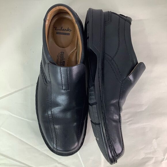 CLARKS COLLECTION Cushion Ortholite Black Leather Oxford Slip On Shoes Sz 11 - Picture 2 of 10